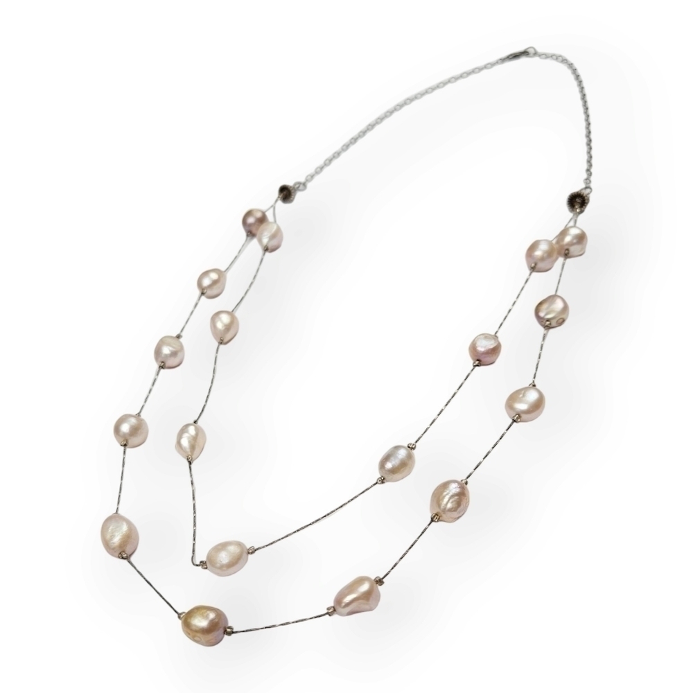 Baroque Potato Pearl Sterling Necklace Double Chain 925 Silver Pink Cream Vtg